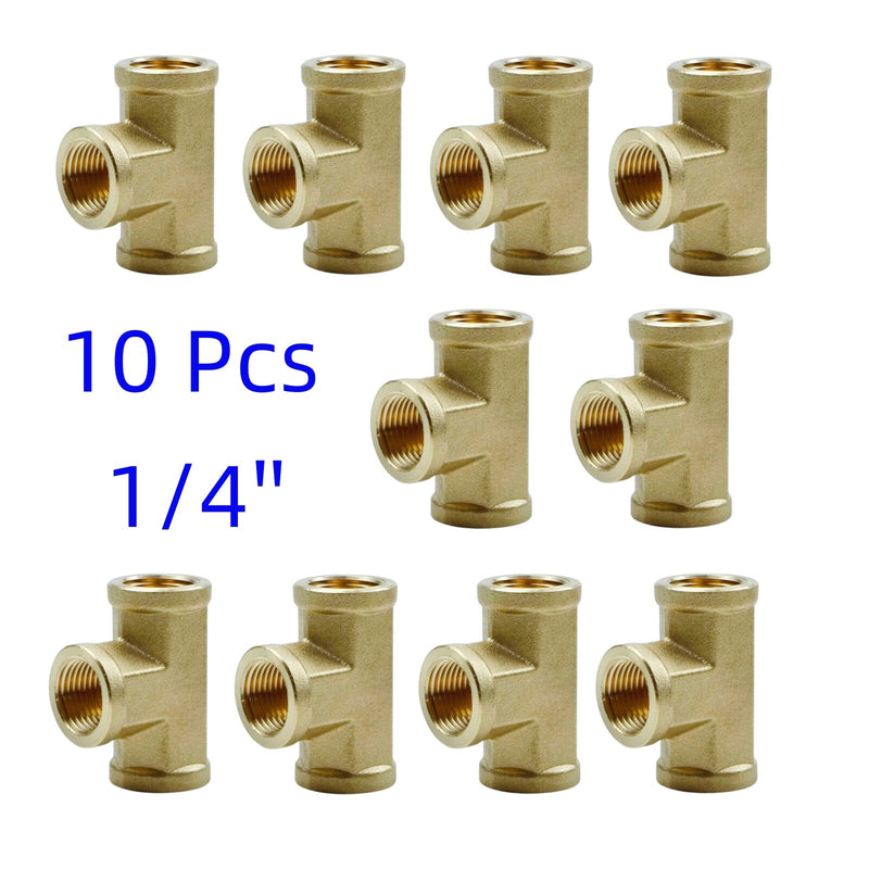 DURAFORCE 10Pcs-1/4 NPT Female Thread Brass Pipe Fitting Tee Hose Connector 1/4" 3 Ways