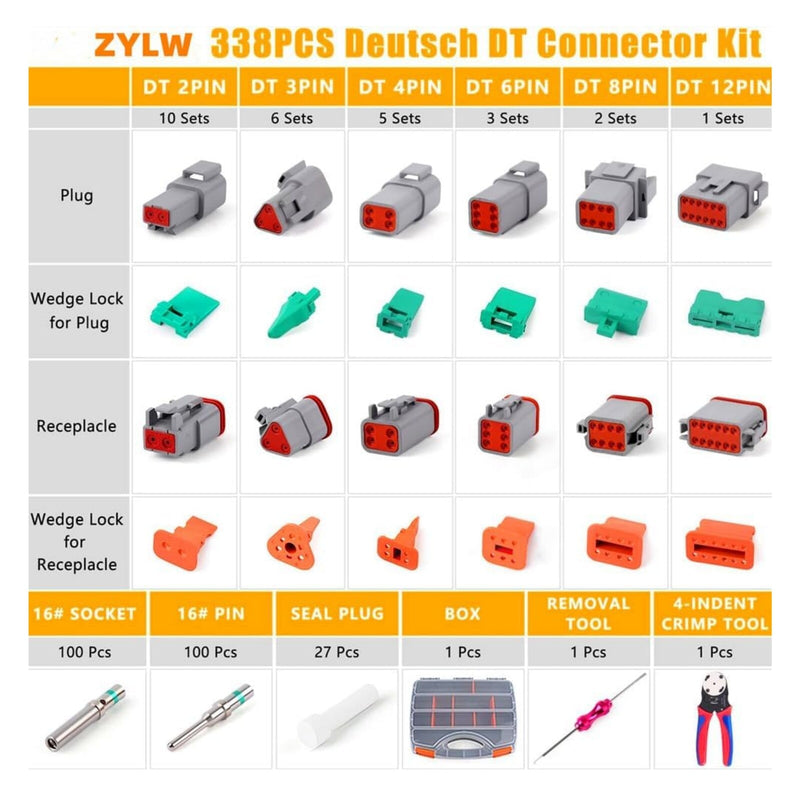 DURAFORCE DTDeustch Connector Kit 2/3/4/6/8/12Pin Removal Tool Waterproof Connector 338pcs