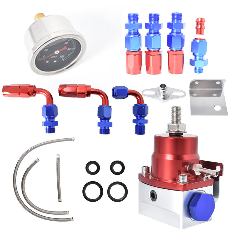 DURAFORCE Blue-Red Adjustable Fuel Pressure Regulator Kit AN6 Hose Fittings 100psi Gauge