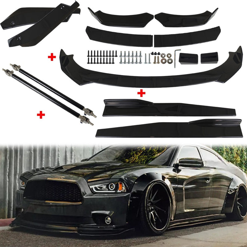 DURAFORCE For Dodge Charger 2007-2014 Glossy Black Front Bumper Lip Spoiler Body Kit Side