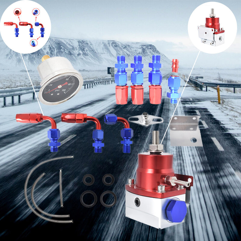 DURAFORCE Blue-Red Adjustable Fuel Pressure Regulator Kit AN6 Hose Fittings 100psi Gauge
