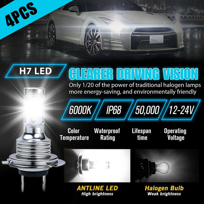 DURAFORCE 4Pcs H7 LED Headlights Bulbs 10000K High Low Beams Kit Combo Super White Bright