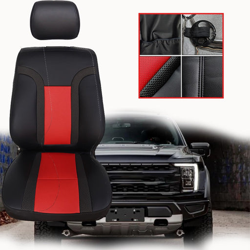 DURAFORCE Driver Leather Seat Cover For 2010 - 2014 Ford F150 Raptor SVT Black & Red Syn.