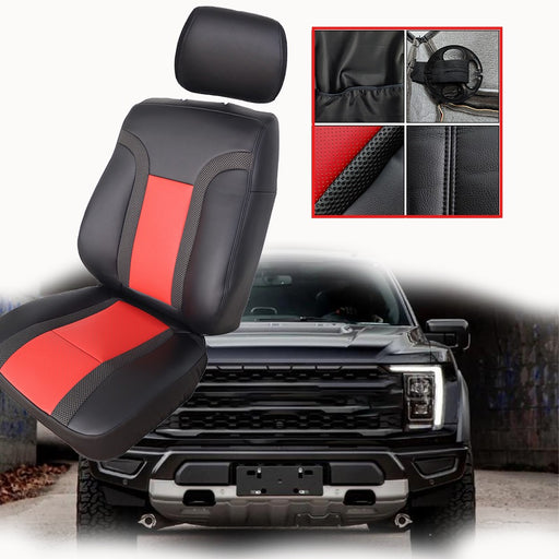 DURAFORCE Driver Leather Seat Cover Black & Red Syn.For Ford F150 Raptor SVT 2010 - 2014