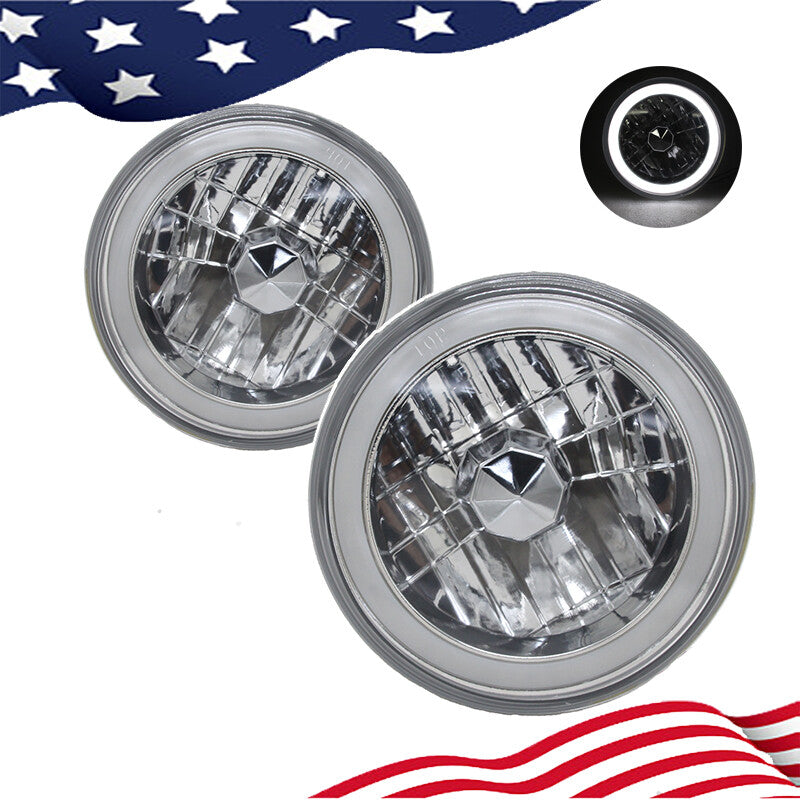 DURAFORCE 7" Inch Round White CCFL Halo Diamond Cut Chrome Headlights Angel Eyes