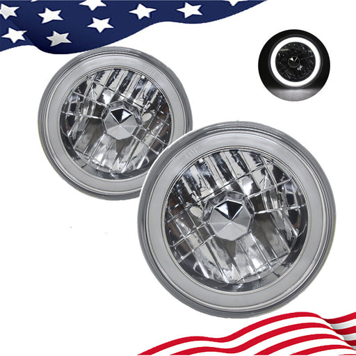 DURAFORCE 7" Inch Round White CCFL Halo Diamond Cut Chrome Headlights Angel Eyes
