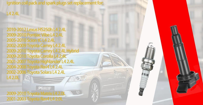 DURAFORCE Ignition Coil Pack & Spark Plugs UF333 for 2.4L 02-10 Toyota Camry 01-08 Rav4