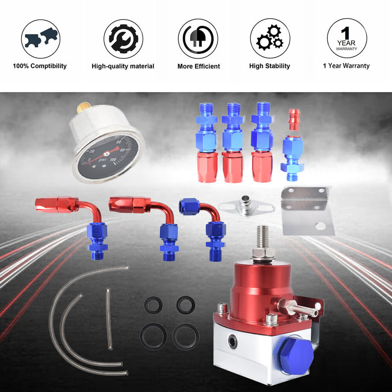 DURAFORCE Blue-Red Adjustable Fuel Pressure Regulator Kit AN6 Hose Fittings 100psi Gauge