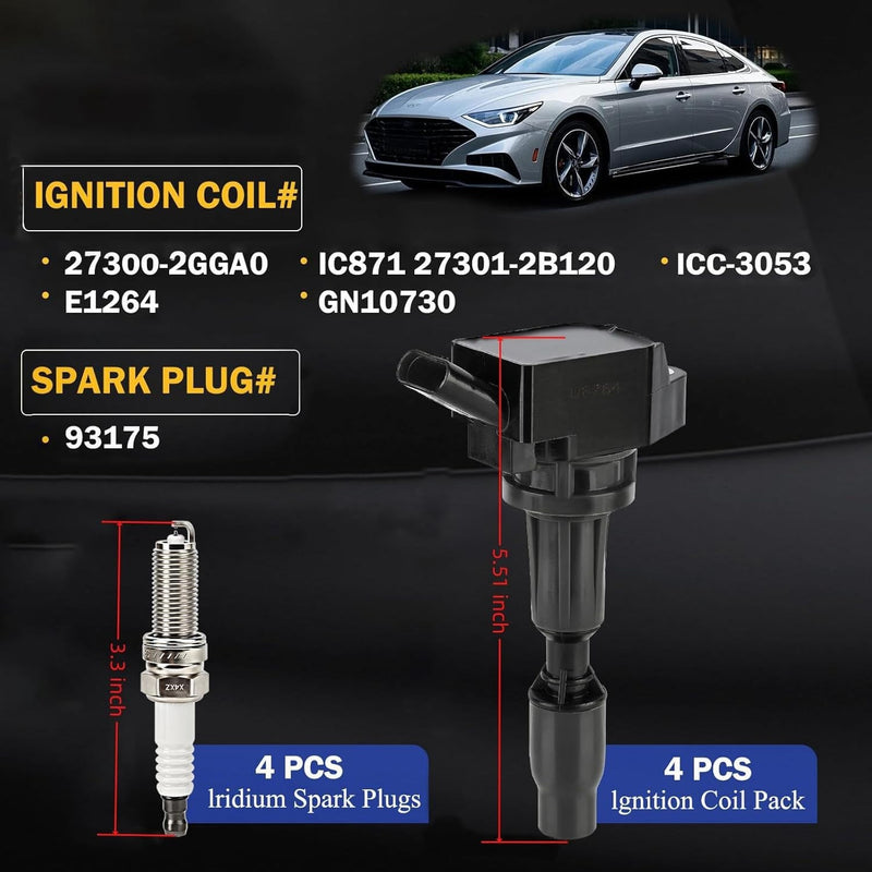 DURAFORCE 4 Ignition Coils Pack UF764 and Iridium Spark Plugs for K-ia Optima 2L 2.4L