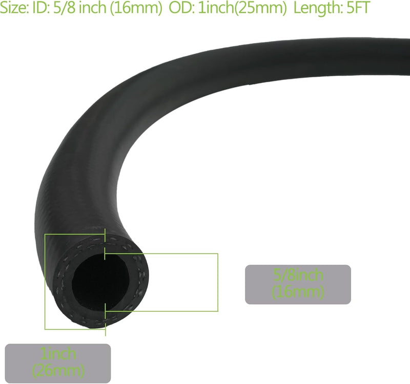DURAFORCE 5/8" 16mm Fuel Line Hose Push Lock NBR Rubber SAE 30R7 5FT 300PSI with 10 Clamps