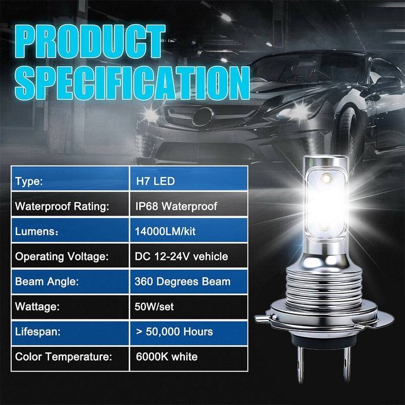 DURAFORCE 4Pcs H7 LED Headlights Bulbs 10000K High Low Beams Kit Combo Super White Bright