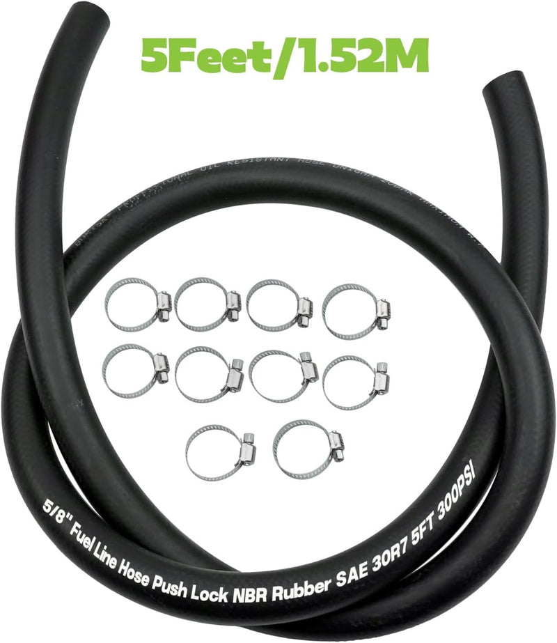 DURAFORCE 5/8" 16mm Fuel Line Hose Push Lock NBR Rubber SAE 30R7 5FT 300PSI with 10 Clamps