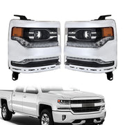 DURAFORCE Right+Left Headlights For 2016-18 Silverado 1500 LED Chrome Housing Lens