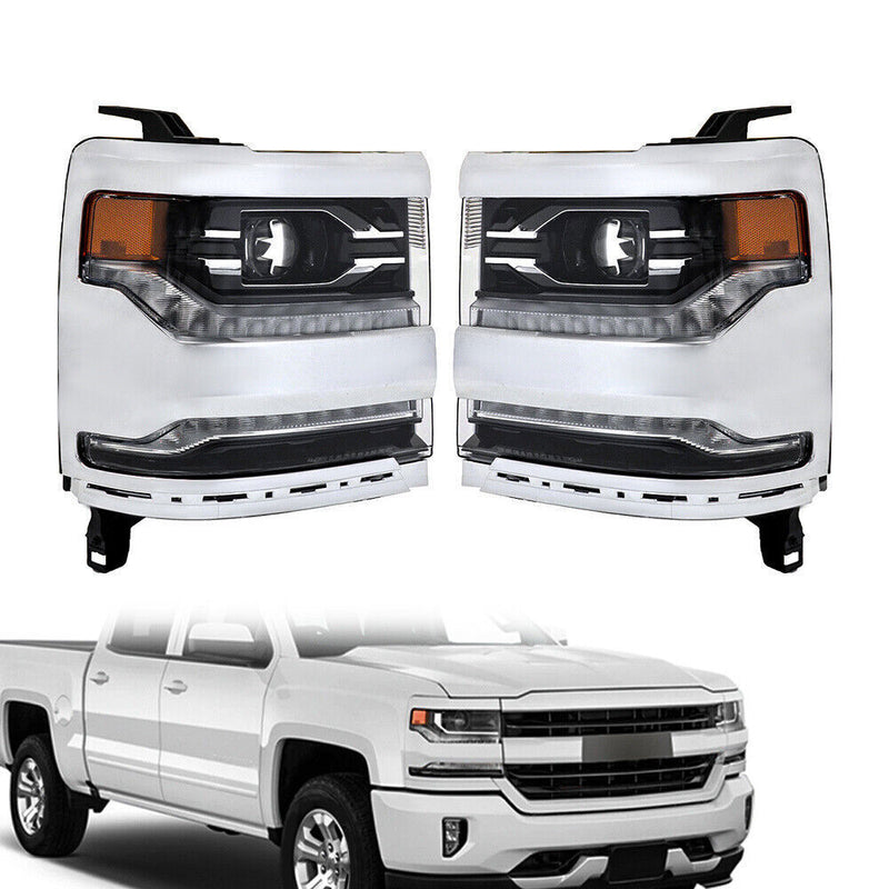 DURAFORCE Right+Left Headlights For 2016-18 Silverado 1500 LED Chrome Housing Lens