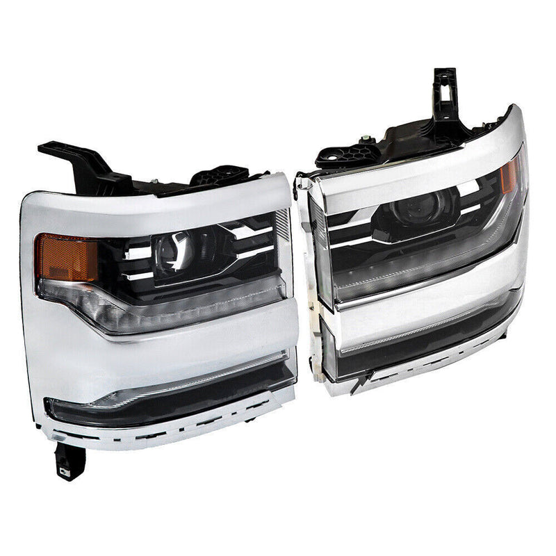 DURAFORCE Right+Left Headlights For 2016-18 Silverado 1500 LED Chrome Housing Lens