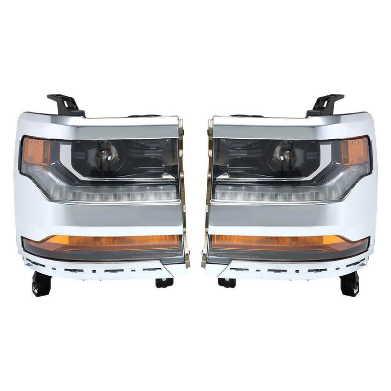 DURAFORCE Left+Right Headlights For 2016-18 Chevy Silverado 1500 HID w/ DRL Chrome
