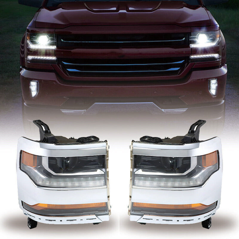 DURAFORCE Left+Right Headlights For 2016-18 Chevy Silverado 1500 HID w/ DRL Chrome