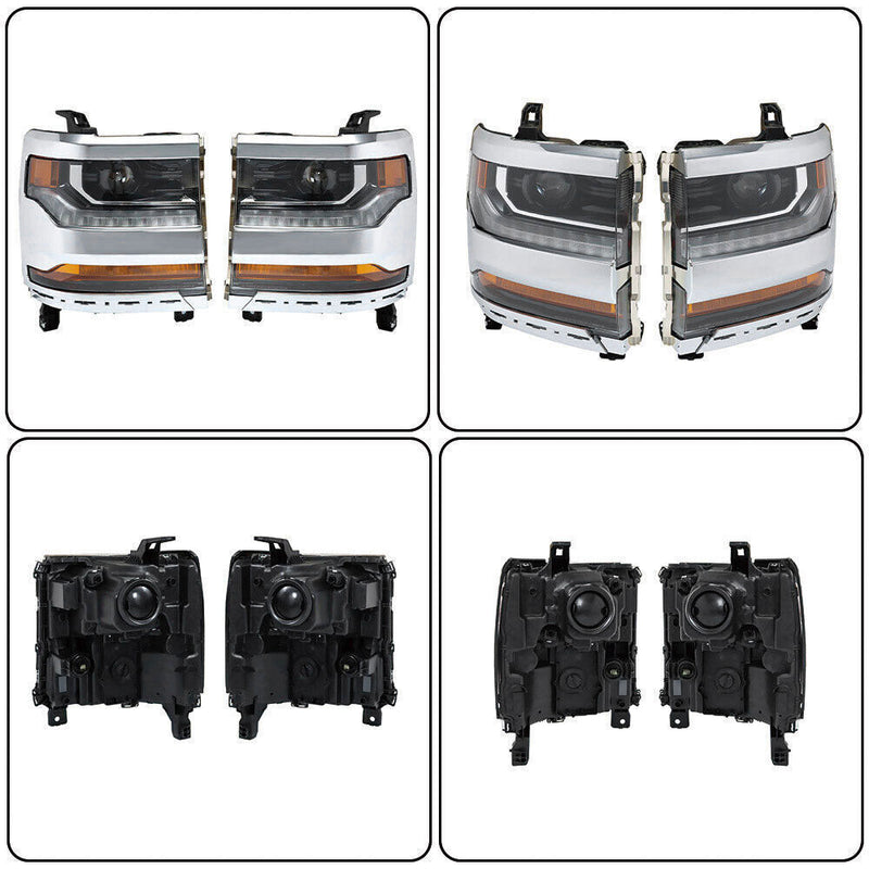DURAFORCE Left+Right Headlights For 2016-18 Chevy Silverado 1500 HID w/ DRL Chrome