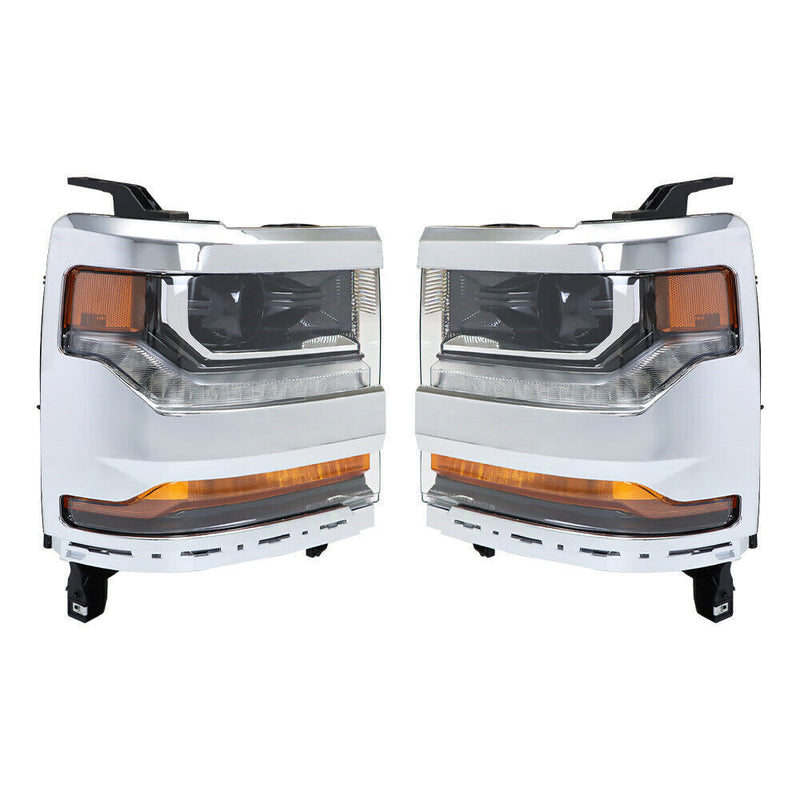 DURAFORCE Left+Right Headlights For 2016-18 Chevy Silverado 1500 HID w/ DRL Chrome