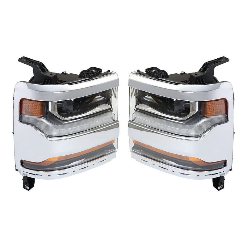 DURAFORCE Left+Right Headlights For 2016-18 Chevy Silverado 1500 HID w/ DRL Chrome