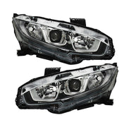 DURAFORCE Pair Halogen W/LED DRL Headlight For 2016-2020 Honda Civic Electroplated
