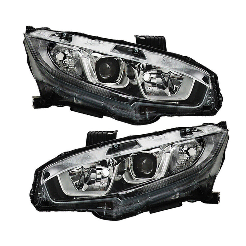 DURAFORCE Pair Halogen W/LED DRL Headlight For 2016-2020 Honda Civic Electroplated