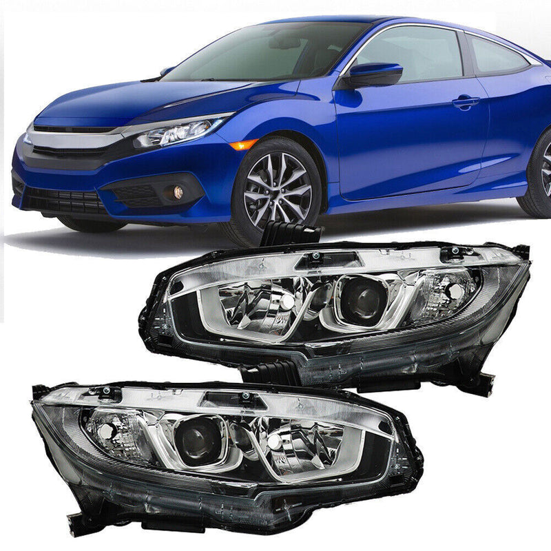 DURAFORCE Pair Halogen W/LED DRL Headlight For 2016-2020 Honda Civic Electroplated
