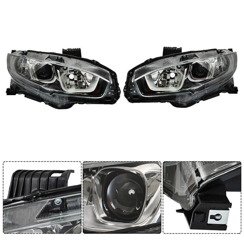 DURAFORCE Pair Halogen W/LED DRL Headlight For 2016-2020 Honda Civic Electroplated