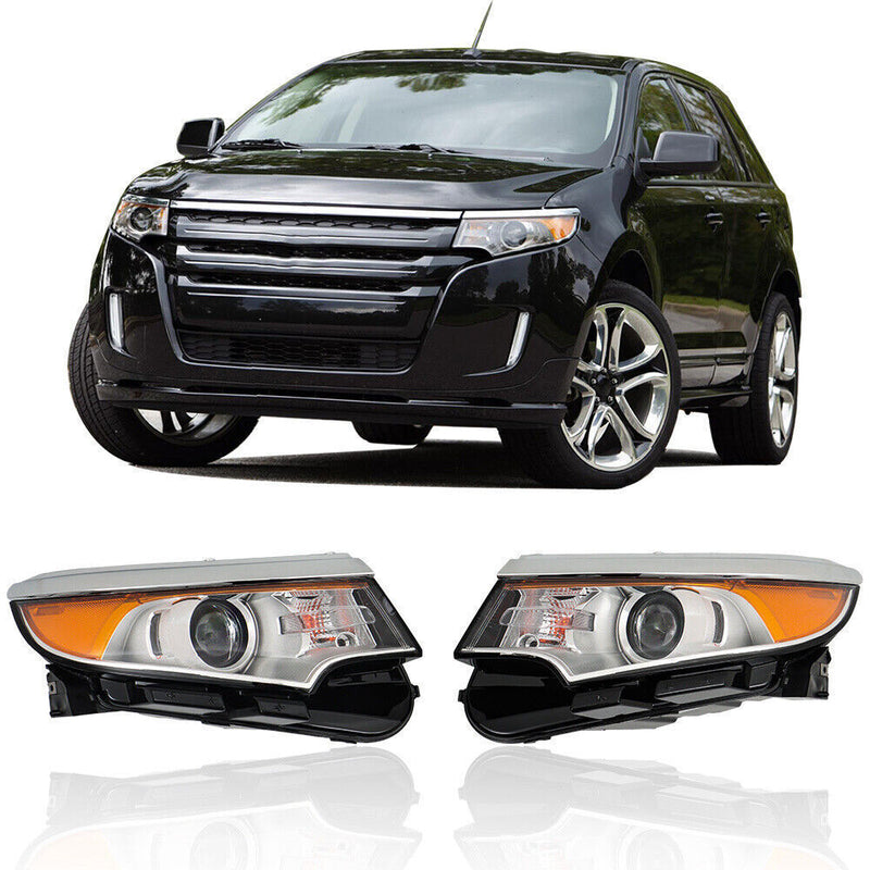 DURAFORCE Right&Left Headlights For 2011-2014 Ford Edge Halogen Chrome Clear Lamps