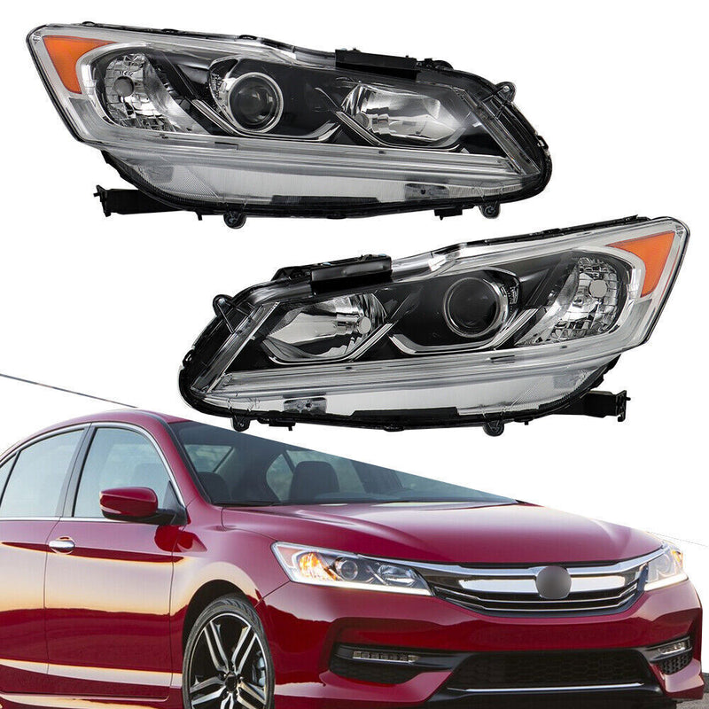 DURAFORCE Left+Right Headlight For 2016-2017 Honda Accord Sedan Halogen W/LED DRL