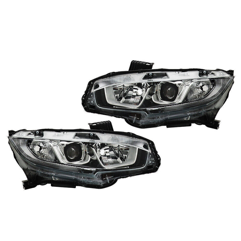 DURAFORCE Right+Left Headlights For 2016-20 Honda Civic Halogen Electroplated Trim