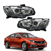 DURAFORCE Right+Left Headlights For 2016-20 Honda Civic Halogen Electroplated Trim