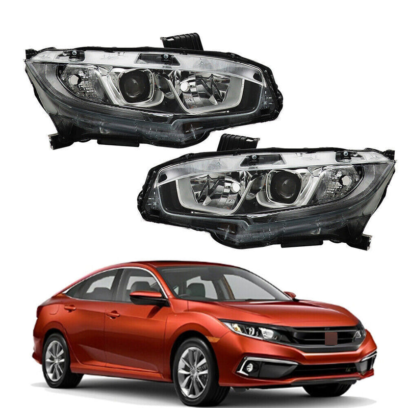 DURAFORCE Right+Left Headlights For 2016-20 Honda Civic Halogen Electroplated Trim