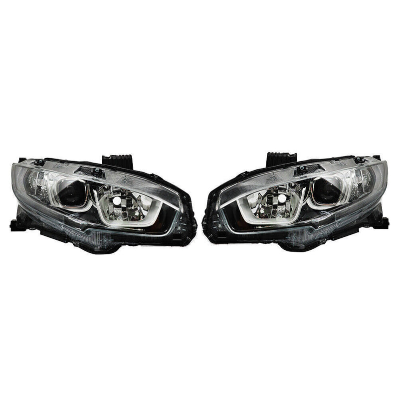 DURAFORCE Right+Left Headlights For 2016-20 Honda Civic Halogen Electroplated Trim