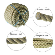 DURAFORCE Manila Rope 1"×50' PP 3 Strand Twisted Rope Arborist Bull Rope Climbing Rope