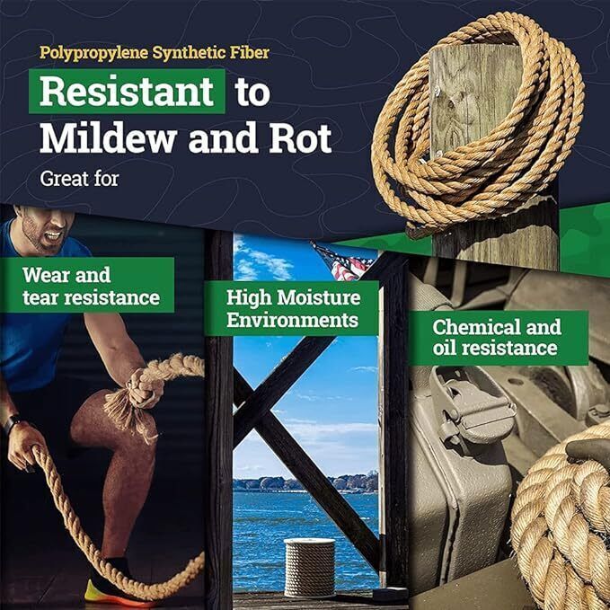 DURAFORCE Manila Rope 1"×50' PP 3 Strand Twisted Rope Arborist Bull Rope Climbing Rope