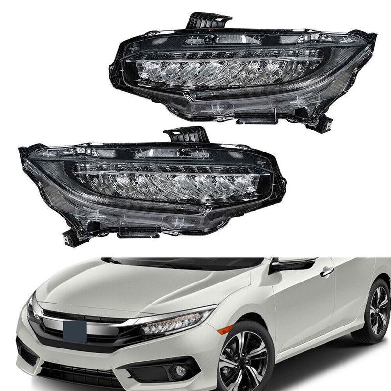 DURAFORCE Right+Left Headlights For 2016-2021 Honda Civic Full LED DRL Clear Lens