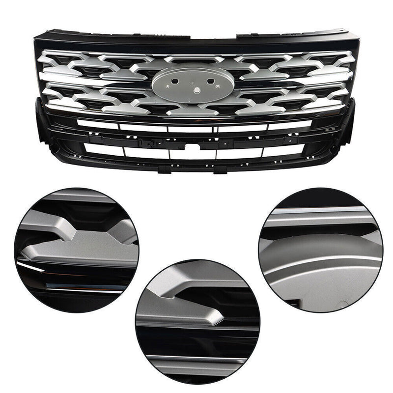 DURAFORCE Front Upper Grille For 2018-2019 Ford Explorer Limited XLT Chrome&Black