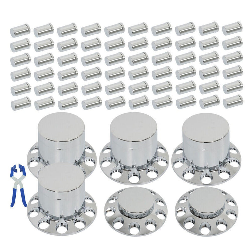 DURAFORCE 33mm Chrome Flat Top Complete Hub Cover Kit Lug Nut Wheel Axle Covers Semi Truck