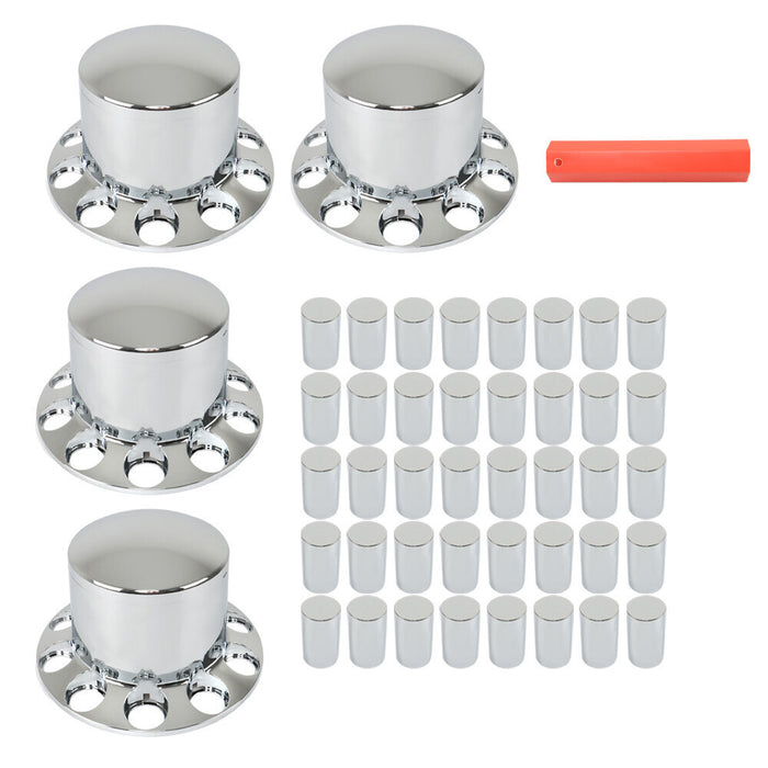 DURAFORCE Rear 33mm Chrome Semi Truck Wheel Axle Covers w/ Hub Caps Lug Nuts Set of 4