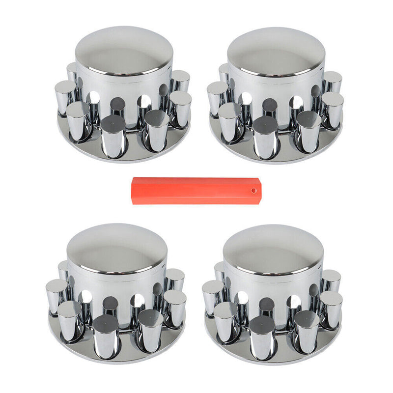 DURAFORCE Chrome Semi Truck Rear 33mm Wheel Axle Covers w/ Hub Caps Lug Nuts Set of 4