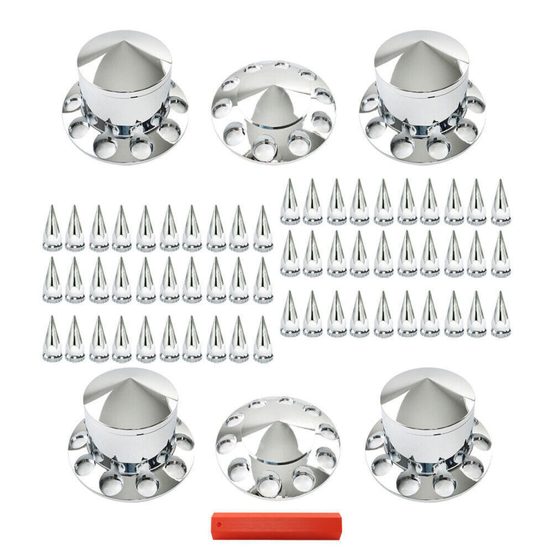 DURAFORCE Chrome Hub Cover Kit 33mm Front & Rear Semi Truck Wheel Axle Covers Spiked