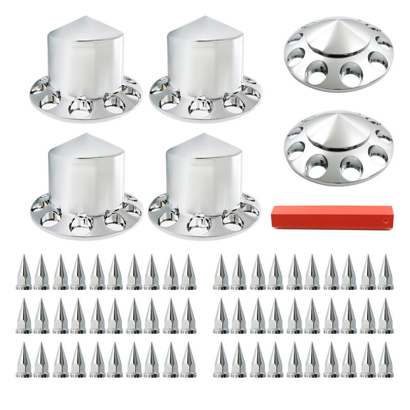 DURAFORCE For Semi Truck Wheel Axle Covers Spiked Chrome Front + Rear Hub Cover Kit 33mm