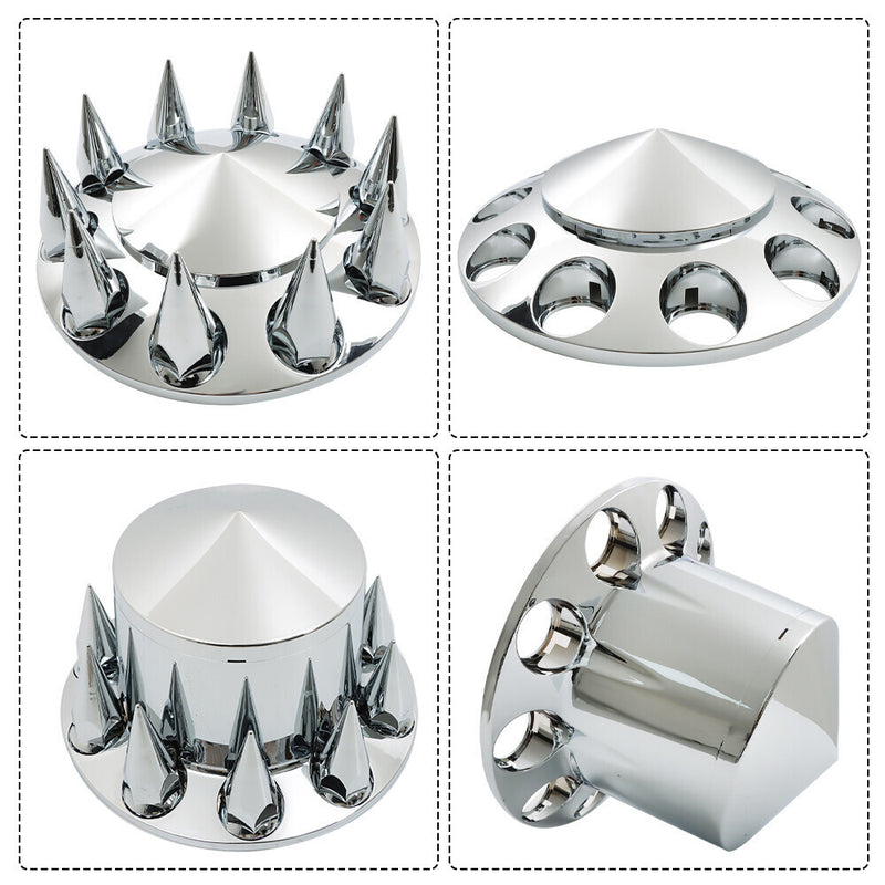 DURAFORCE For Semi Truck Wheel Axle Covers Spiked Chrome Front + Rear Hub Cover Kit 33mm