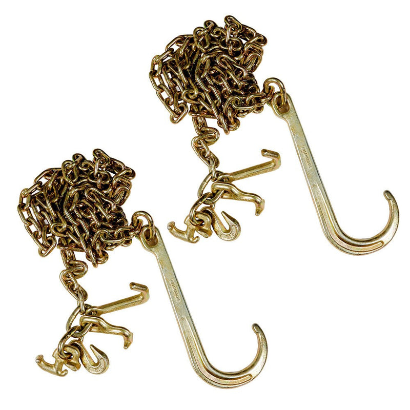 DURAFORCE (2) G70 5/16''x10' Transport Tow Chain J Hook Long Shank w/ R T J&Grab Hook