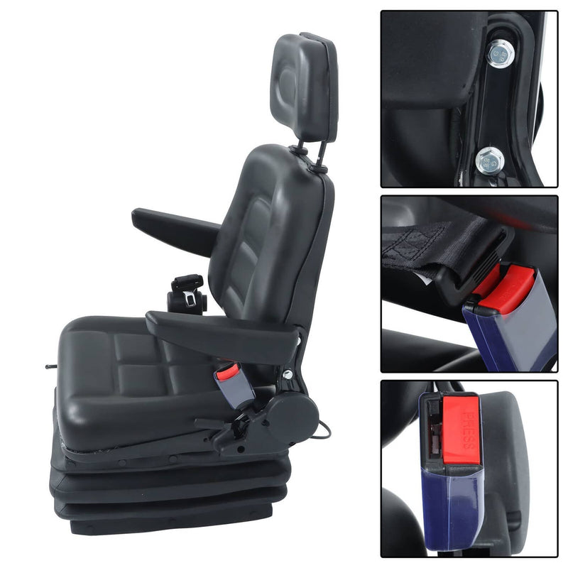 DURAFORCE Forklift Tractor Seat Suspension Adjustable Backrest Armrest Safety Belt