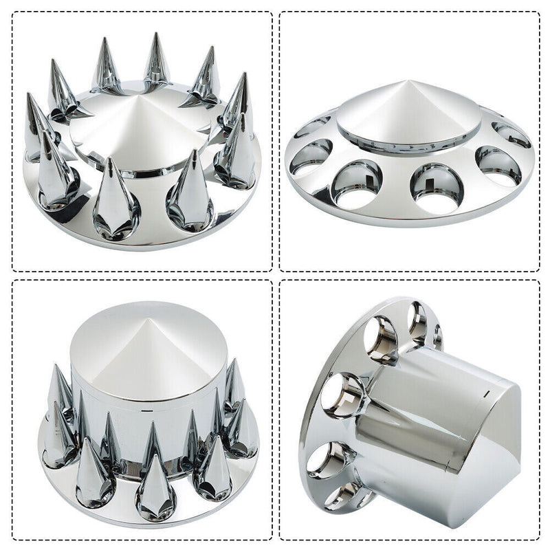 DURAFORCE Chrome Hub Cover Kit 33mm Front Rear for Semi Truck Wheel Axle Covers Spiked
