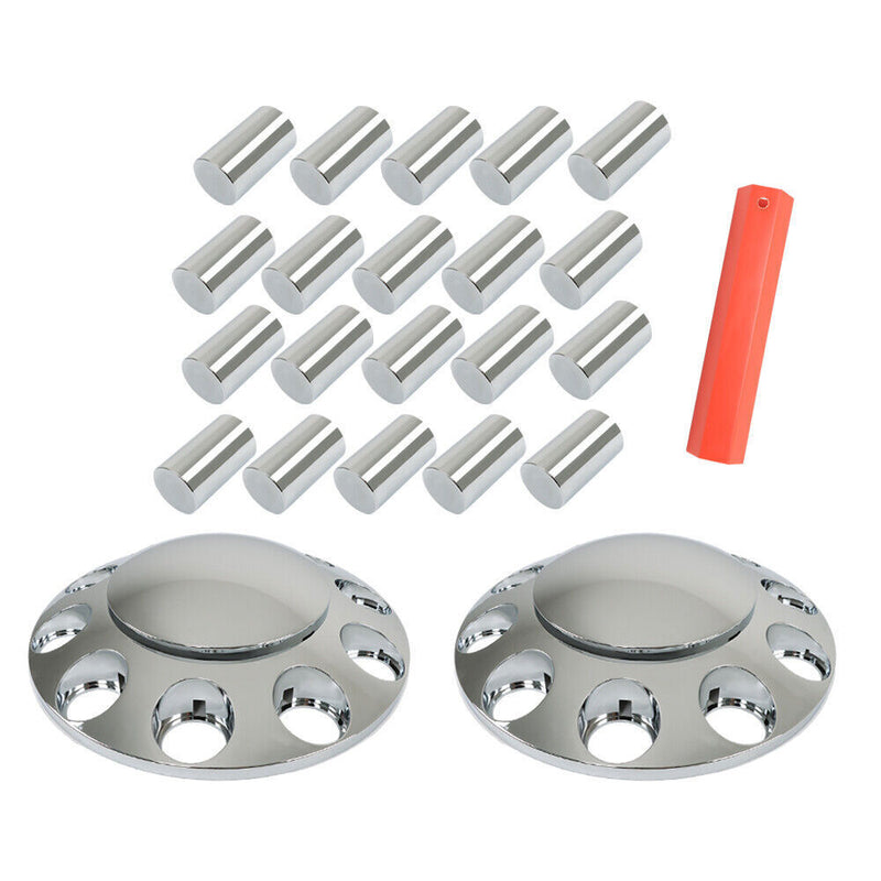 DURAFORCE Set of 2 Semi Truck Front Axle Cover Hub Cap Thread-On 33mm Lug Nuts Chrome