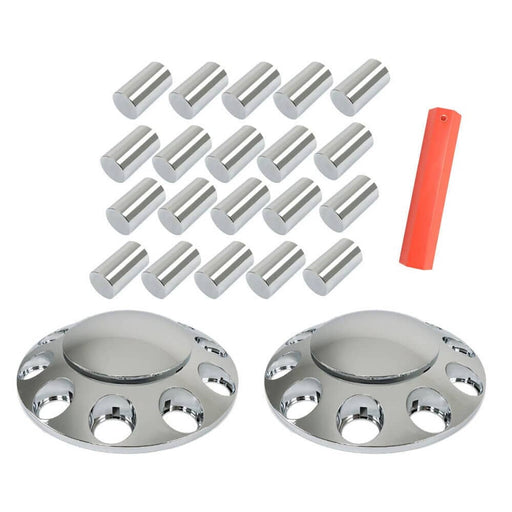 DURAFORCE Set of 2 Semi Truck Front Axle Cover Hub Cap Thread-On 33mm Lug Nuts Chrome