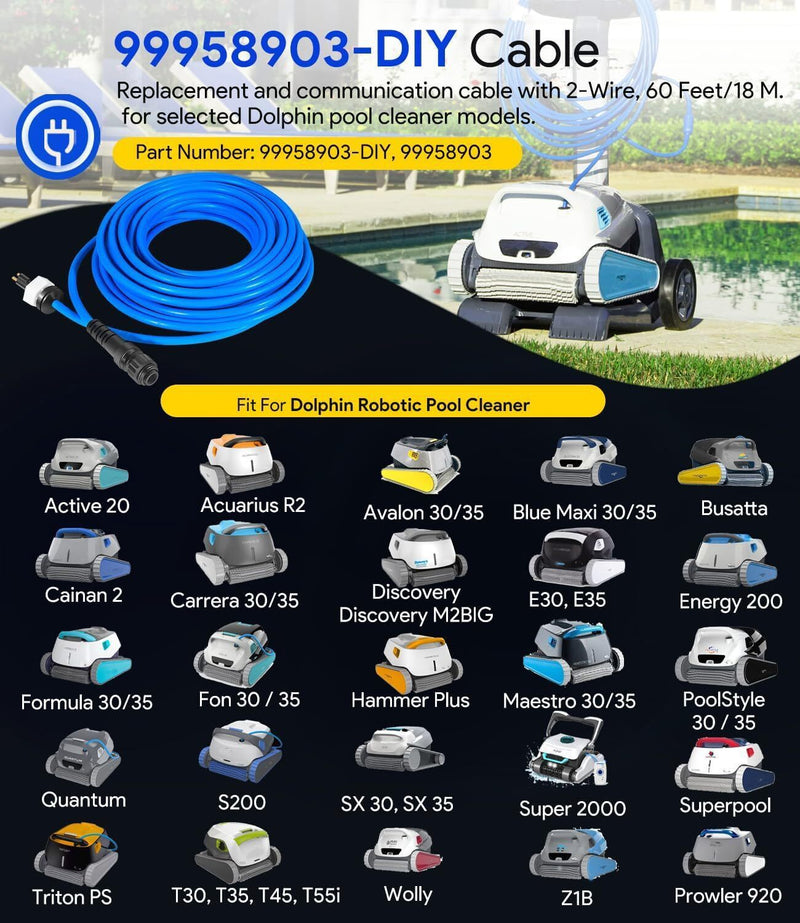 DURAFORCE 60ft 99958903-DIY Cable 2 Wire for Dolphin Maytronics Pool Cleaner S200 Active20